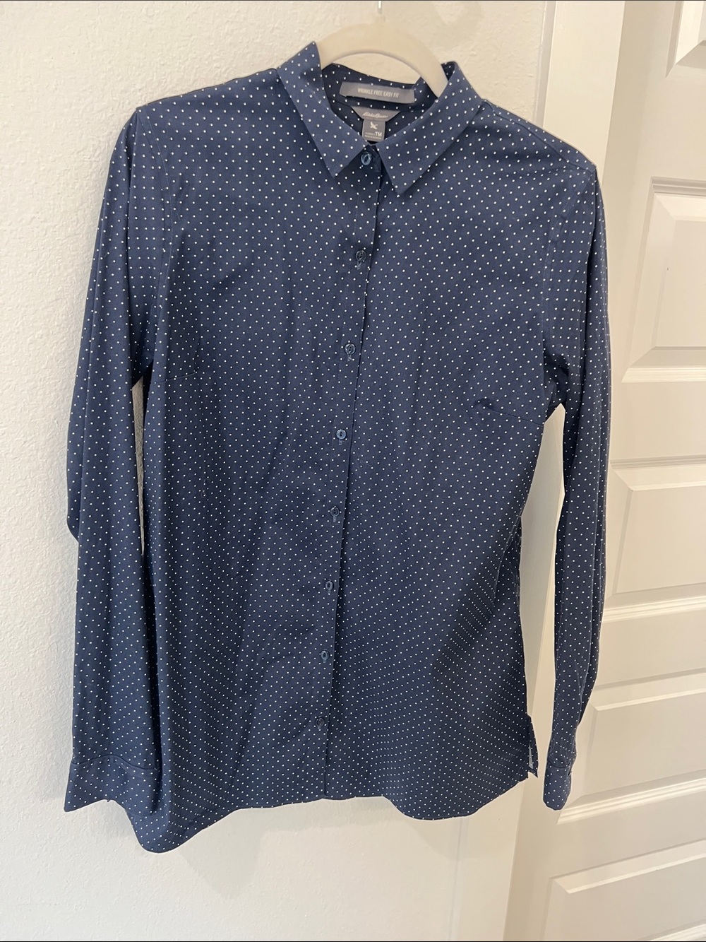 Eddie Bauer Navy Button-Down Shirt with White Polka Dots